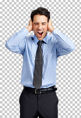 Buy stock photo Screaming, business man and covering ears isolated on a transparent png background. Shouting, headache and person cover ear for silence, loud sound or angry, tinnitus or frustrated with noise problem