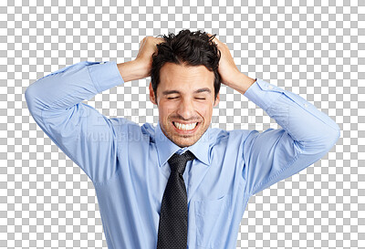 Buy stock photo Headache, professional and man with stress or pull hair while isolated on transparent png background. Business male, overworked and fail with frustrated from loss, crazy mistake and angry in trouble.