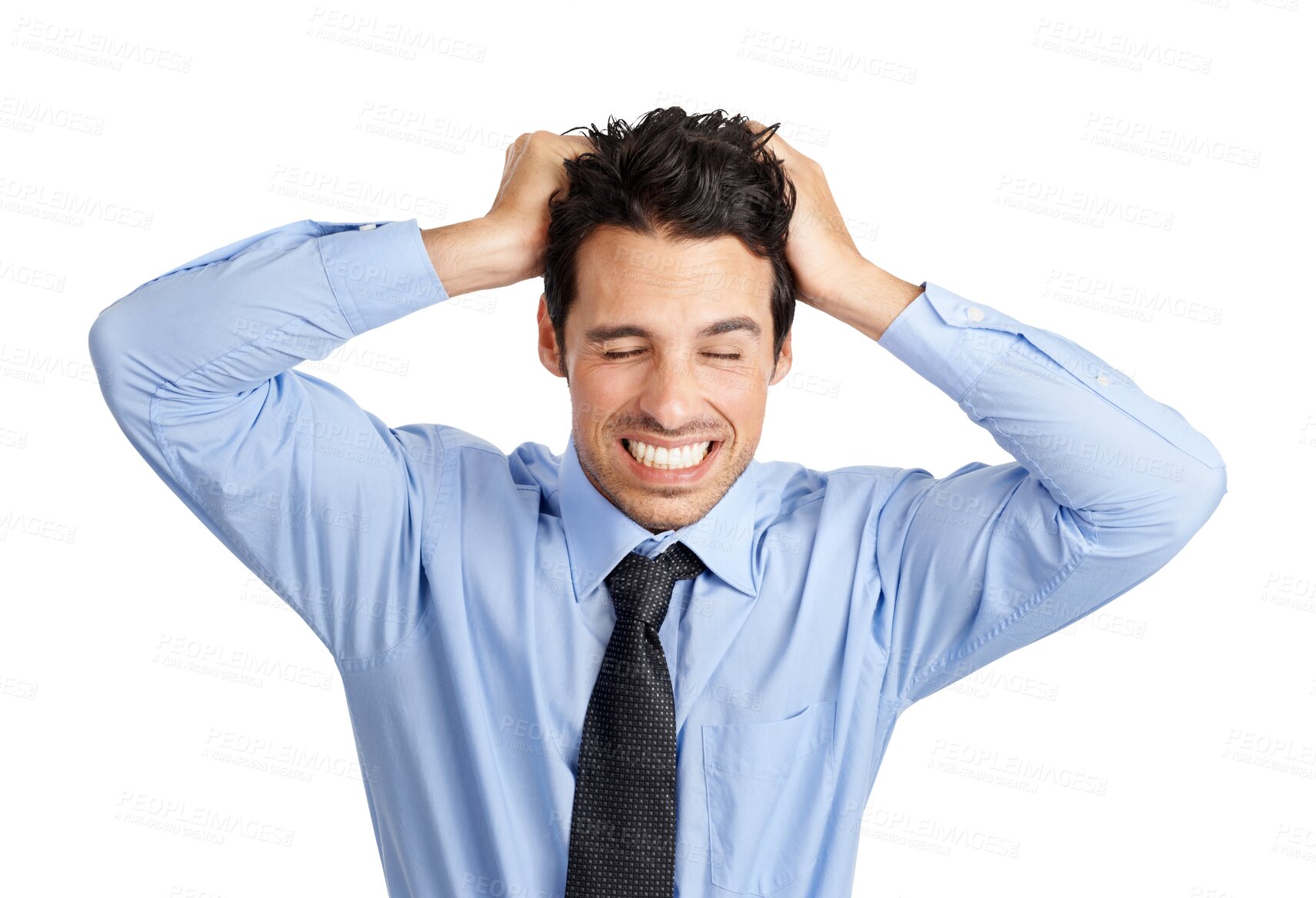 Buy stock photo Headache, professional and man with stress or pull hair while isolated on transparent png background. Business male, overworked and fail with frustrated from loss, crazy mistake and angry in trouble.