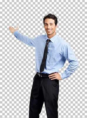 Buy stock photo Portrait, presentation and pointing with a business man isolated on a transparent background. Marketing, advertising and coming soon with a handsome young male employee showing announcement on PNG