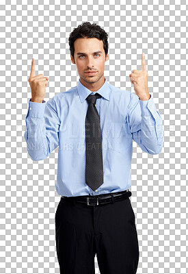 Buy stock photo Pointing, marketing and portrait of a serious businessman showing product placement for advertising. Confident, young and male lawyer with finger gesture isolated by a transparent png background.