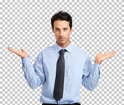 Buy stock photo Portrait, options or compare with a business man isolated on transparent background weighing up a choice. Question, presentation or gesture with a serious young male employee holding a product on PNG