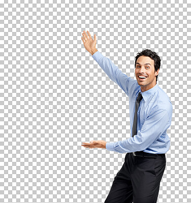 Buy stock photo Portrait, presentation and an excited business man isolated on a transparent background. Marketing, presentation and coming soon with a handsome young male employee showing a brand logo on PNG