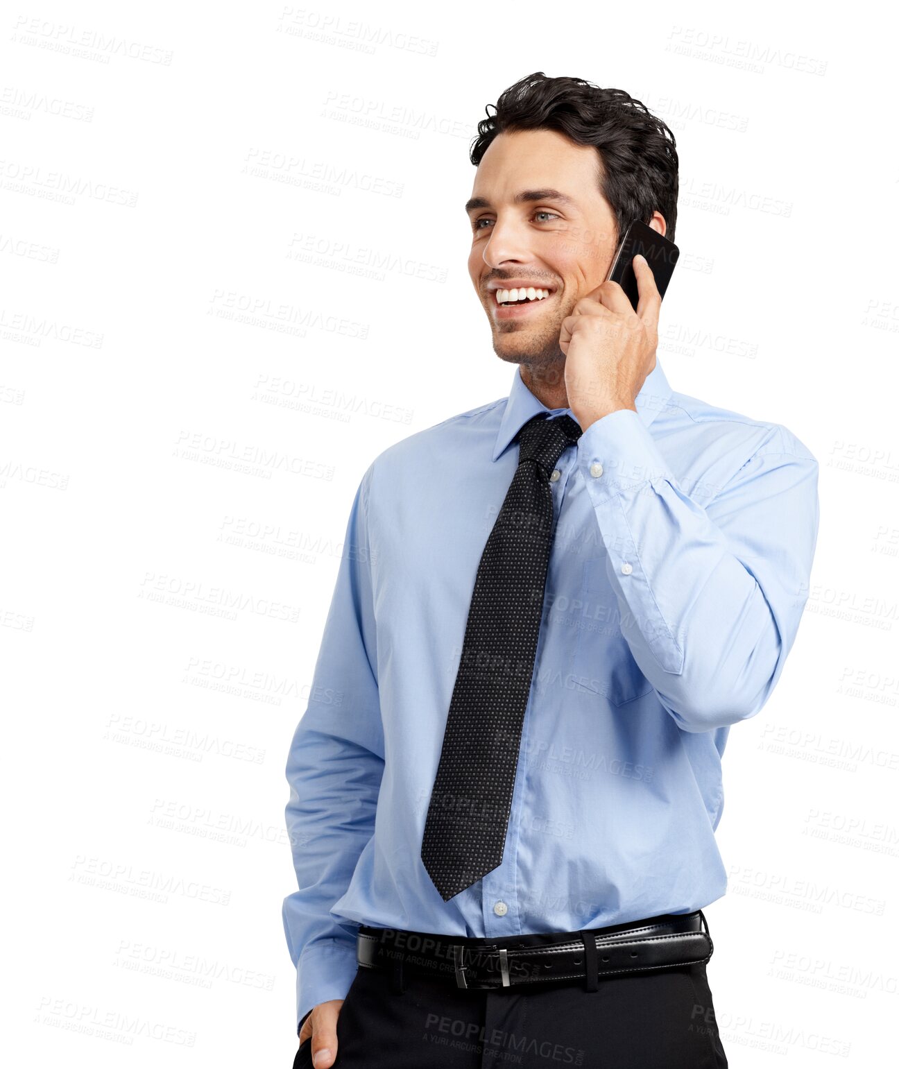Buy stock photo Phone call, happy and business man for communication, news or thinking isolated on a transparent, png background. Corporate person or model speaking, conversation or chat on mobile for job networking
