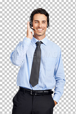 Buy stock photo Happy man, call center and headphones with smile in customer service isolated on a transparent PNG background. Businessman, consultant or agent smiling with headset for online advice or telemarketing