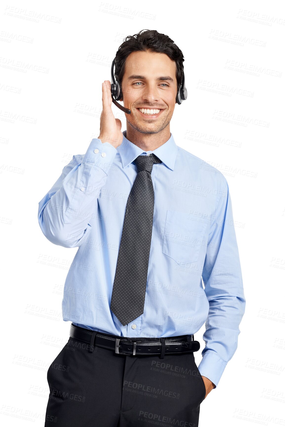 Buy stock photo Happy man, call center and headphones with smile in customer service isolated on a transparent PNG background. Businessman, consultant or agent smiling with headset for online advice or telemarketing