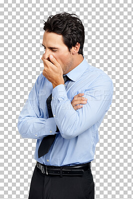 Buy stock photo Burnout, tired and a businessman with a yawn from work, corporate stress and advisor career. Young, narcolepsy and a sleepy employee yawning for boredom isolated on a transparent png background