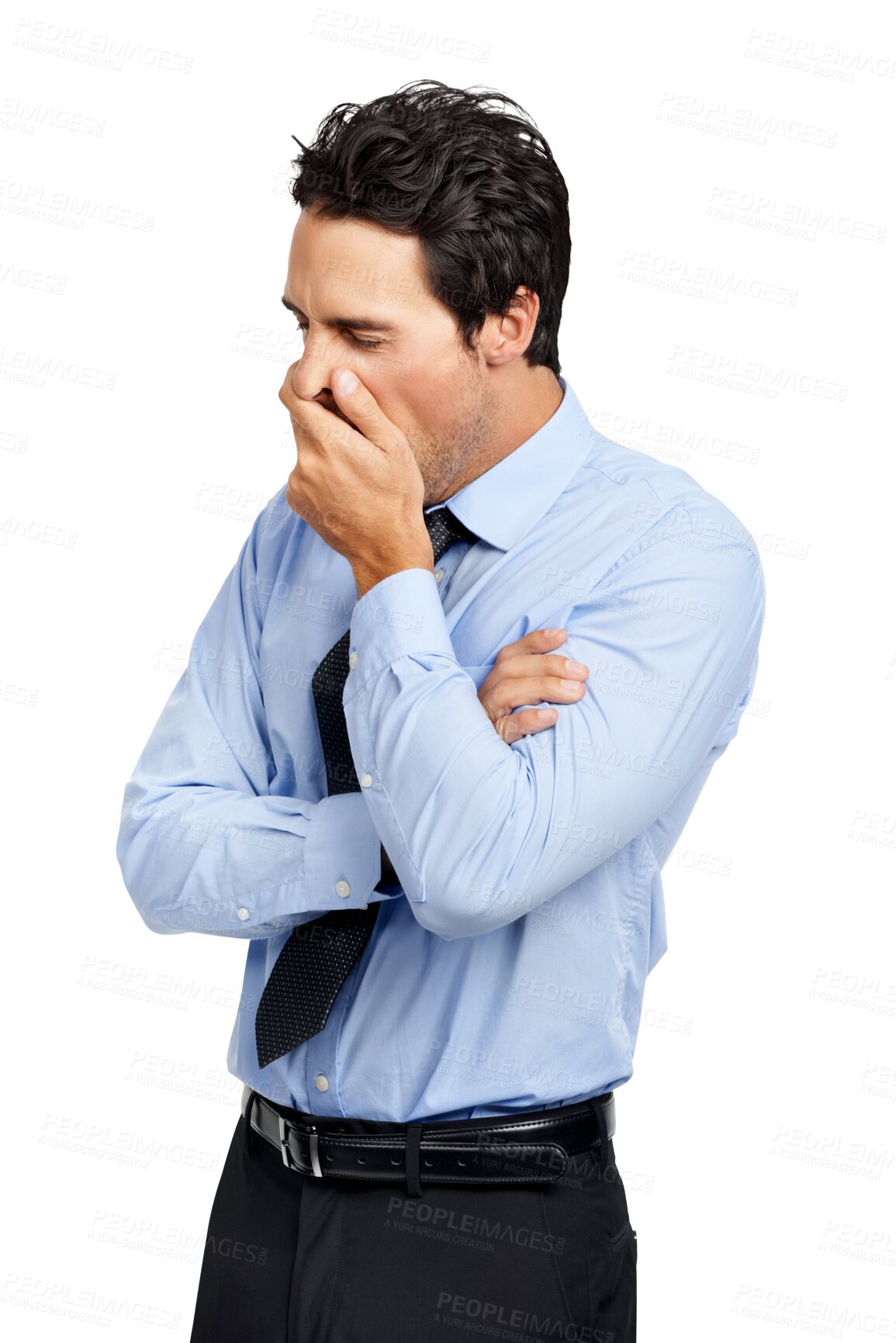 Buy stock photo Burnout, tired and a businessman with a yawn from work, corporate stress and advisor career. Young, narcolepsy and a sleepy employee yawning for boredom isolated on a transparent png background