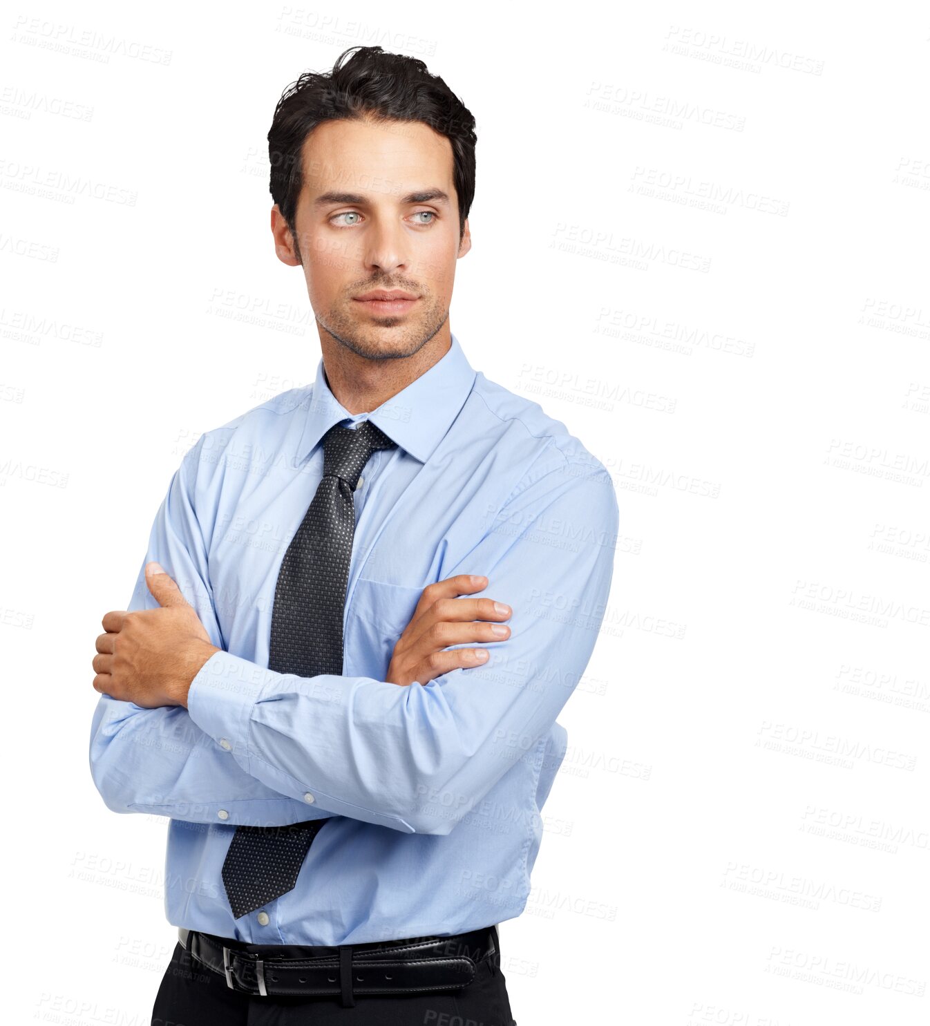 Buy stock photo Isolated young business man, thinking and vision with arms crossed for focus by transparent png background. Businessman, entrepreneur and brainstorming for goals, solution or future in finance career