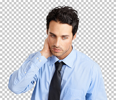 Buy stock photo Stress, worry and bankrupt with a business man isolated on a transparent background during a financial crisis. Finance, economy and neck pain with a young male accountant looking stressed on PNG