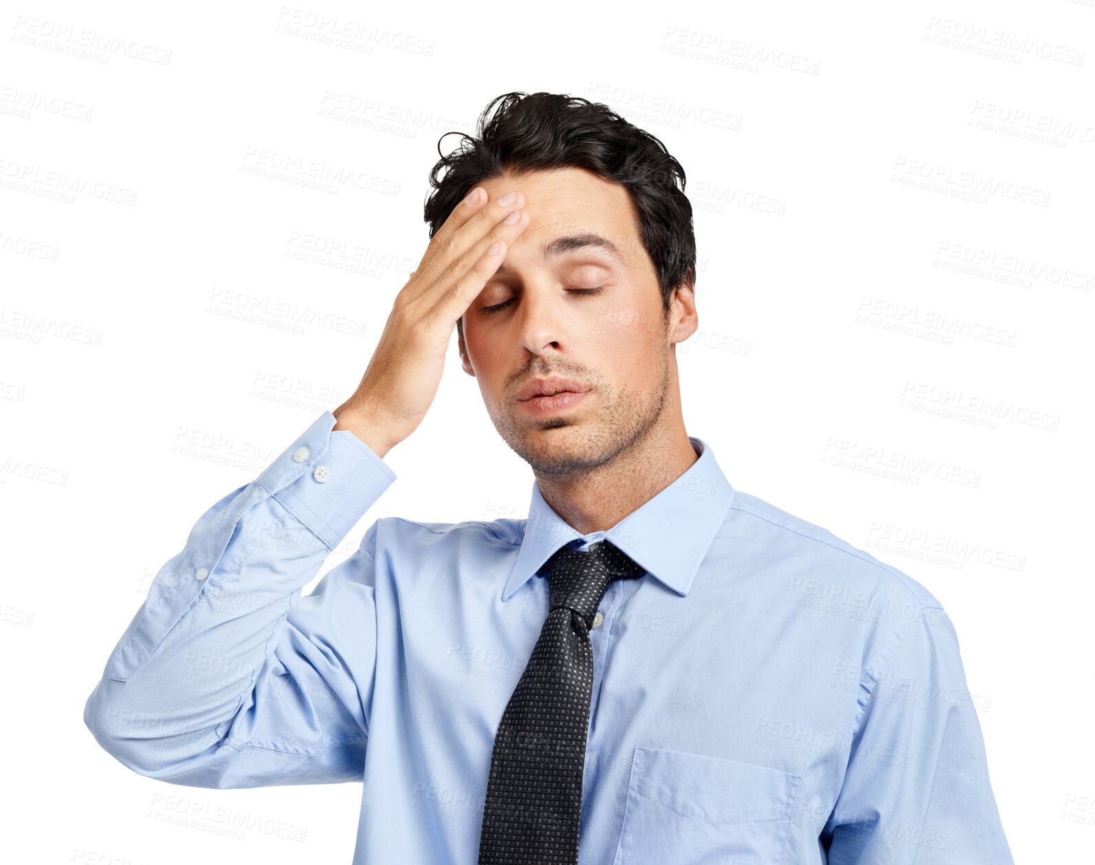Buy stock photo Headache, confused and business man with stress, worry or career problem of financial mistake, crisis or taxes. Pain, tired and corporate person in finance risk isolated on transparent png background