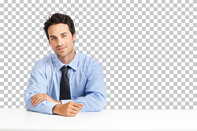 Buy stock photo Portrait, accountant and business man on table isolated on a transparent png background. Face, auditor and male professional entrepreneur from Australia on desk with confidence for corporate career.