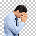 A businessman saying a desperate prayer isolated on a png background