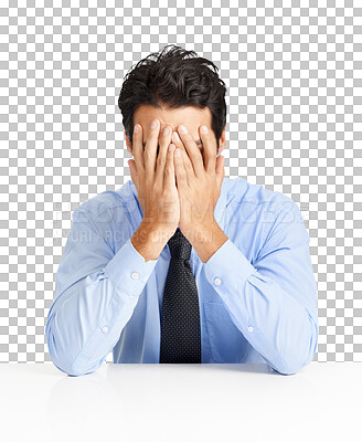 Buy stock photo Tired, man with head in hands or stress in business, financial advisor or consultant on transparent, isolated or png background. Businessman, frustrated by mistake or problem or employee in finance 