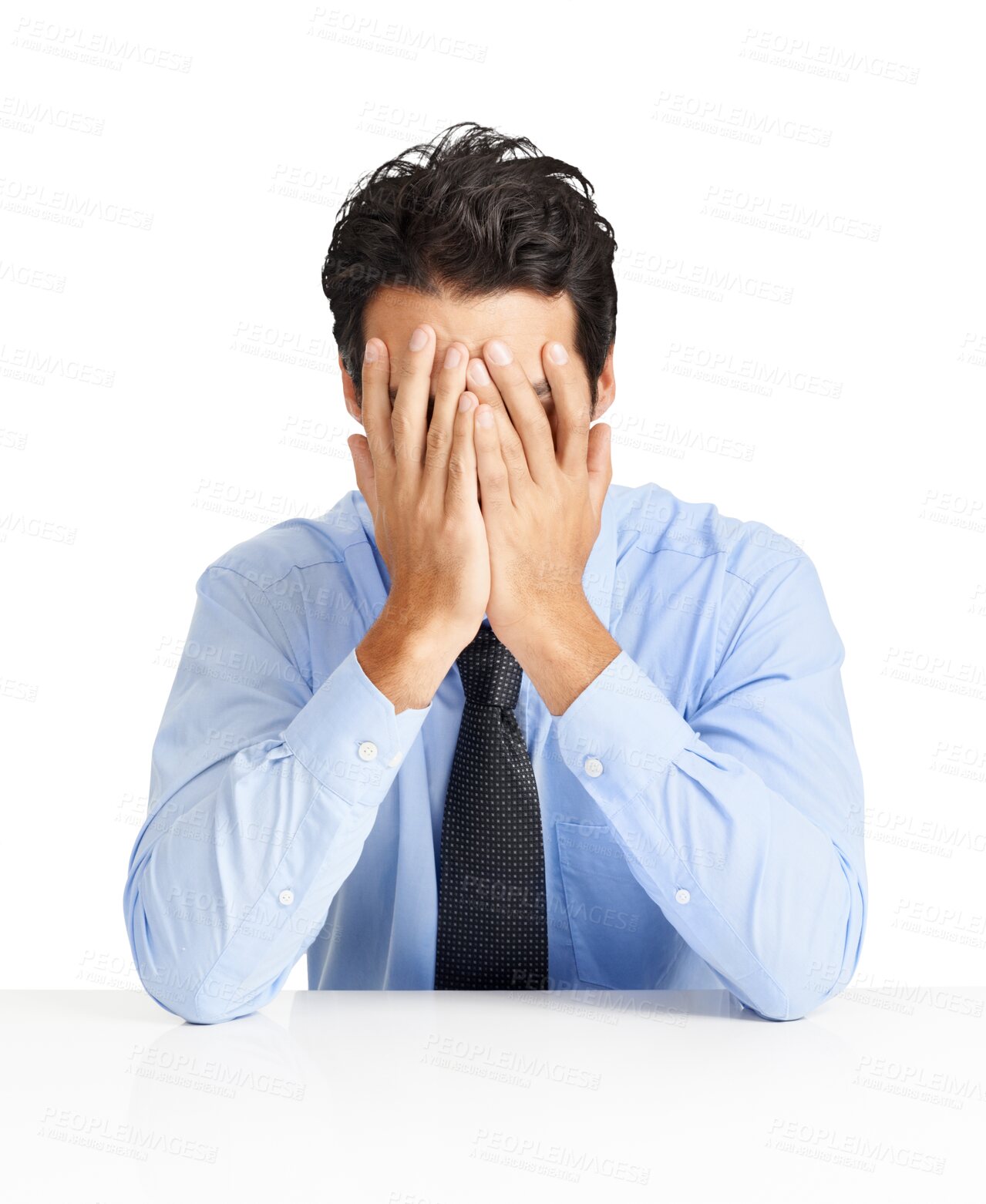 Buy stock photo Tired, man with head in hands or stress in business, financial advisor or consultant on transparent, isolated or png background. Businessman, frustrated by mistake or problem or employee in finance 
