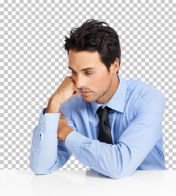 Buy stock photo Anxiety, depression and worry with a business man isolated on a transparent background thinking about failure. Stress, burnout and sad with an unhappy male employee on PNG after a bad mistake