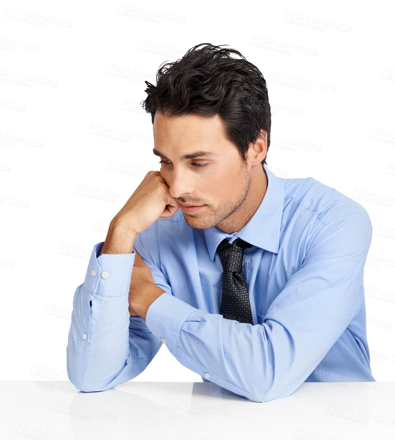 Buy stock photo Anxiety, depression and worry with a business man isolated on a transparent background thinking about failure. Stress, burnout and sad with an unhappy male employee on PNG after a bad mistake