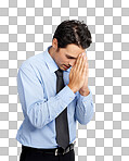 A young businessman saying a desperate prayer isolated on a png background