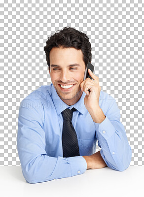 Buy stock photo Business, phone call and man with a smile, thinking and  entrepreneur isolated against a transparent background. Male person, agent or employee with a smartphone, connection or communication with png