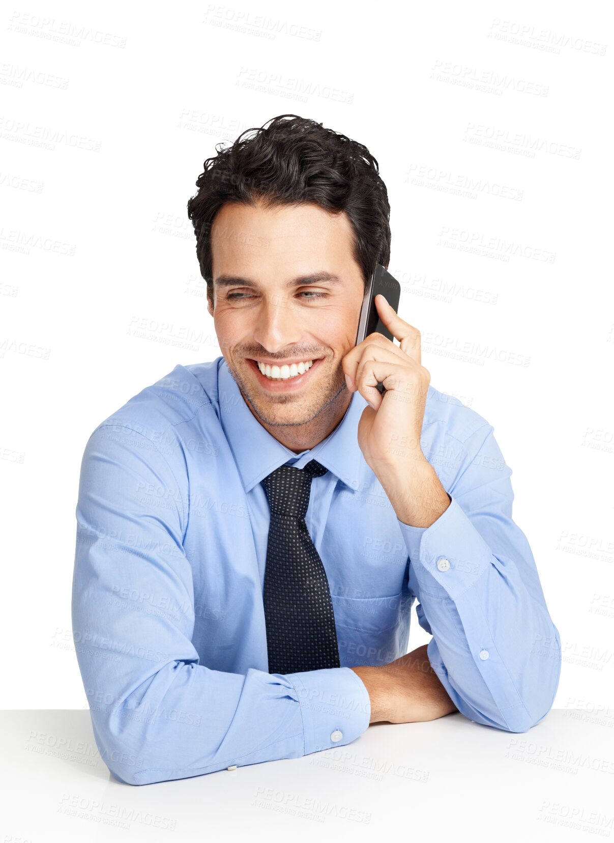 Buy stock photo Business, phone call and man with a smile, thinking and  entrepreneur isolated against a transparent background. Male person, agent or employee with a smartphone, connection or communication with png