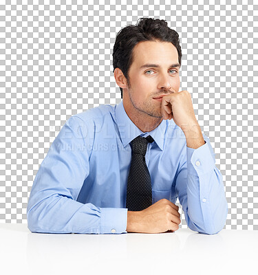 Buy stock photo Serious, portrait of a man attorney at his desk and isolated against a transparent png background. Relax or confident, corporate or lawyer and young male person at a table concentrate or focus.