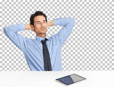 Buy stock photo Thinking, relax and business man with ideas for finance, stock market or digital solution. Stretching, goals and fianncial corporate person at desk on a break isolated on transparent png background 