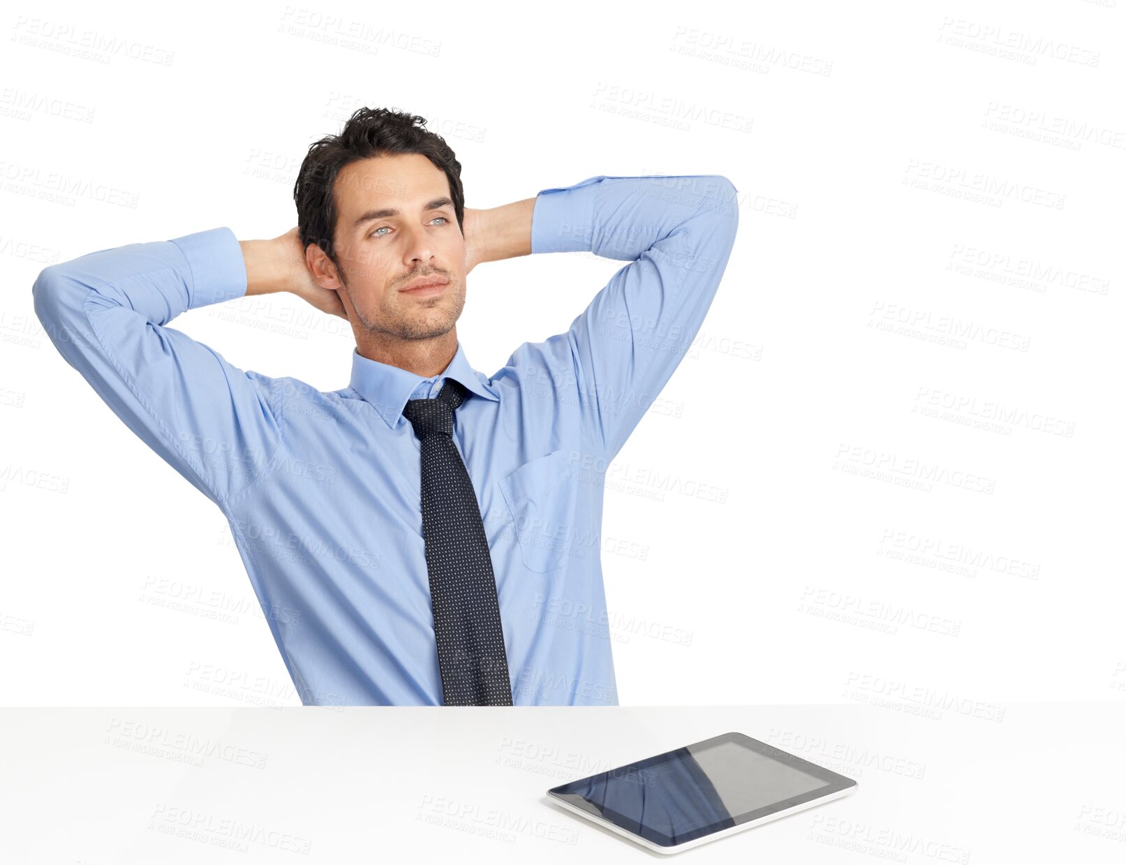 Buy stock photo Thinking, relax and business man with ideas for finance, stock market or digital solution. Stretching, goals and fianncial corporate person at desk on a break isolated on transparent png background 