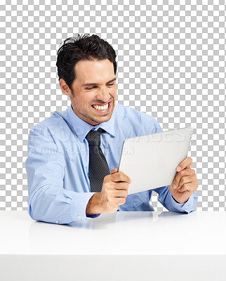 Buy stock photo Mental health, businessman frustrated with a tablet at desk and isolated against a transparent png background. Online communication or social networking, angry or upset and male person reading email