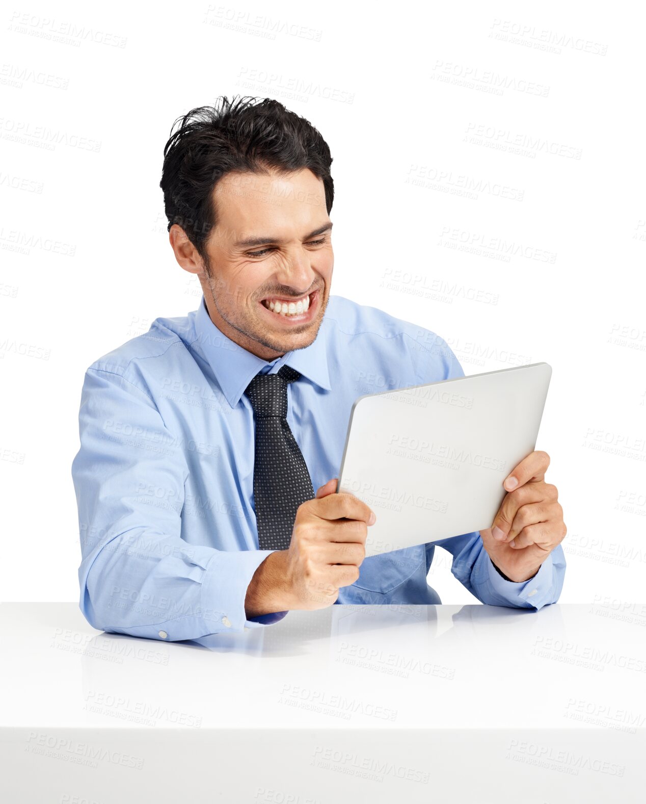 Buy stock photo Mental health, businessman frustrated with a tablet at desk and isolated against a transparent png background. Online communication or social networking, angry or upset and male person reading email
