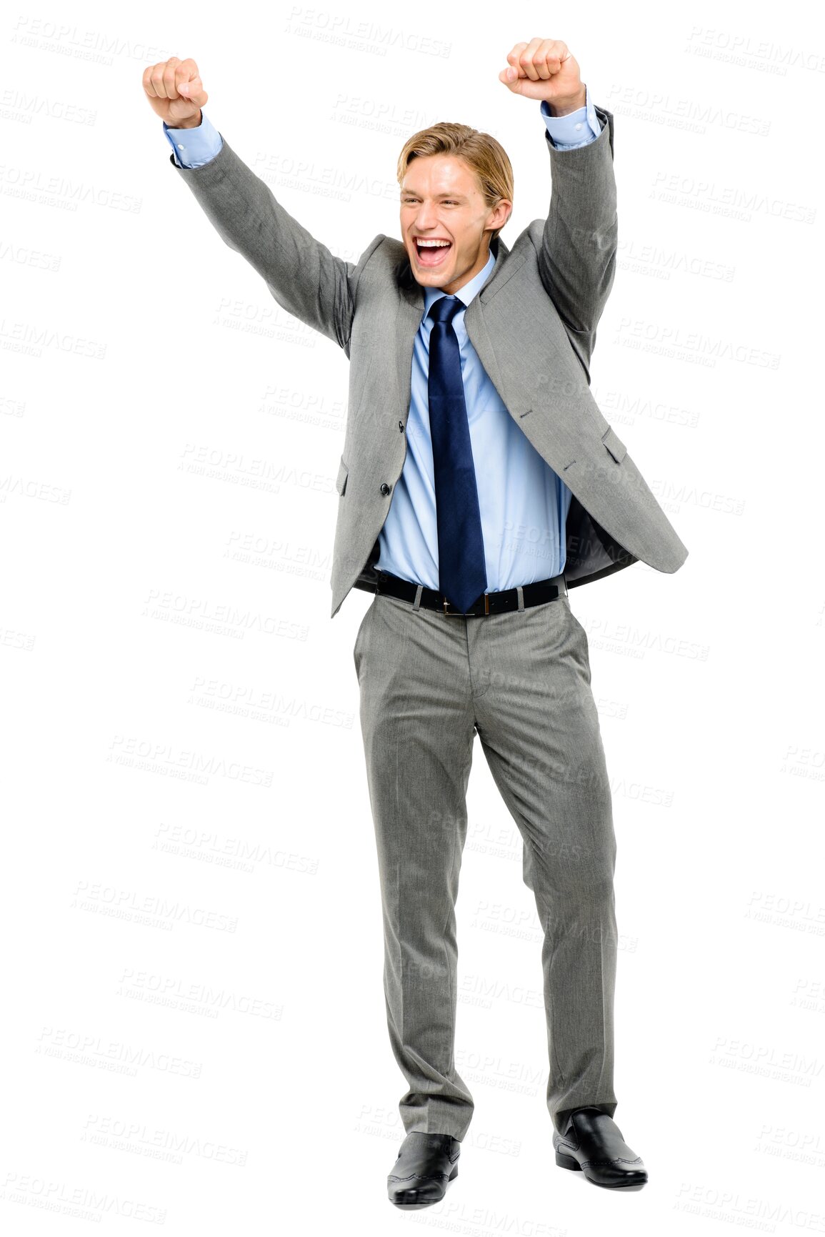 Buy stock photo Happy, celebration and a businessman with professional success, corporate and trading win. Smile, work and excited man in a suit for celebration of achievement isolated on transparent png background