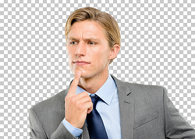 Buy stock photo Isolated business man, thinking and focus for vision, ideas and planning by transparent png background. Young businessman, brainstorming and problem solving for goals, mindset and entrepreneurship