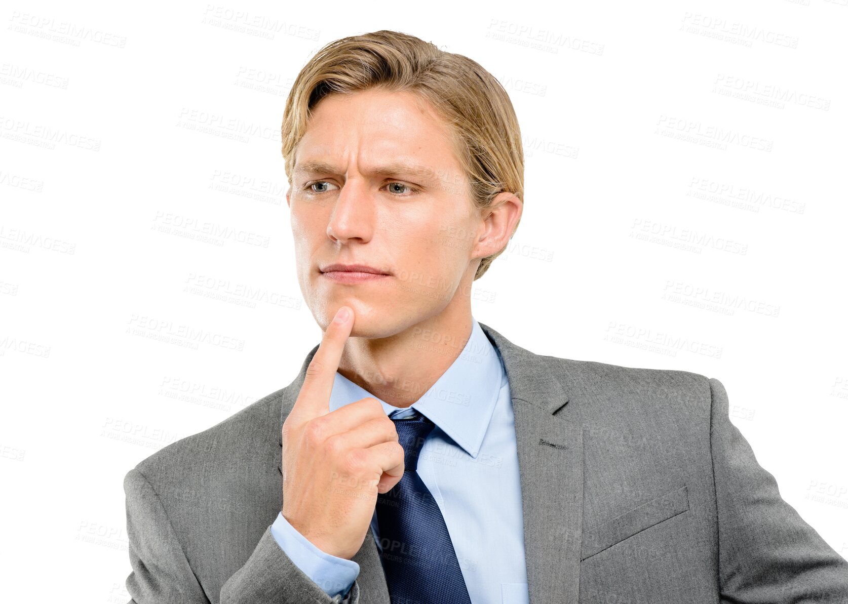 Buy stock photo Isolated business man, thinking and focus for vision, ideas and planning by transparent png background. Young businessman, brainstorming and problem solving for goals, mindset and entrepreneurship