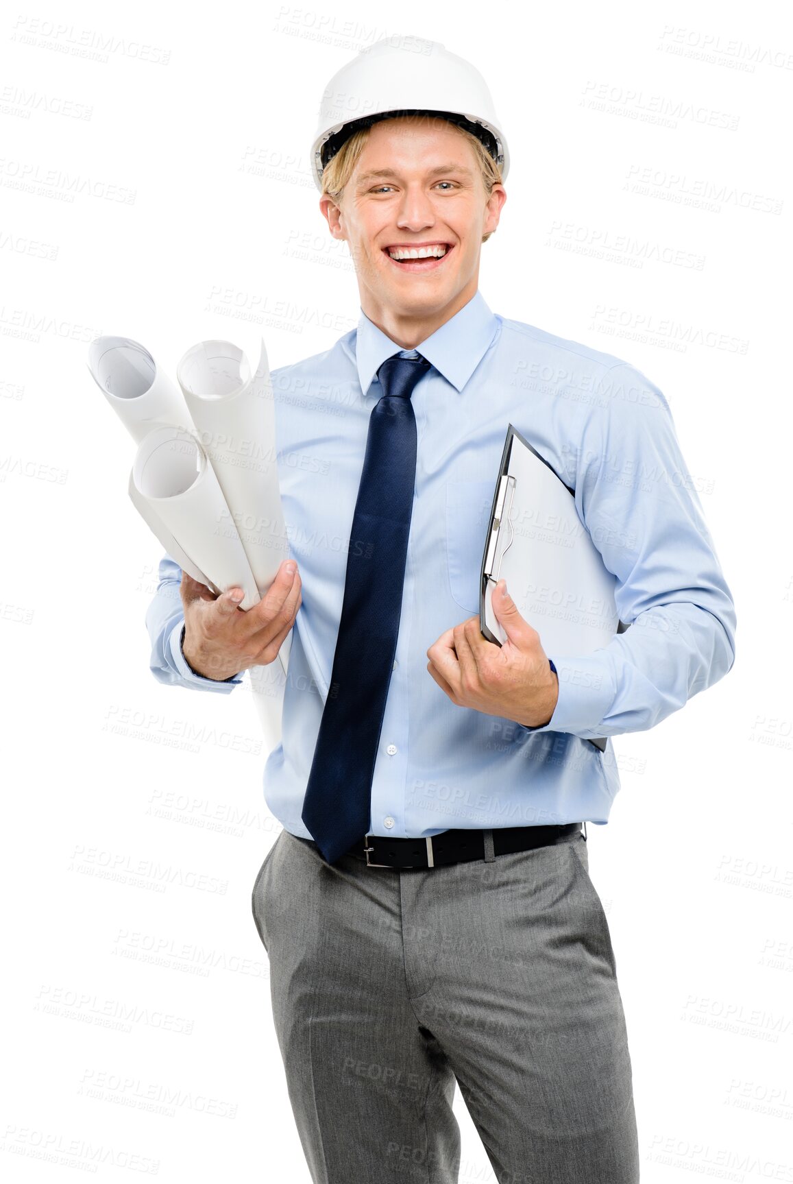 Buy stock photo Portrait, documents and blueprint with a construction worker man isolated on a transparent background. Planning, architecture and smile with a happy young male engineer on PNG for a building project