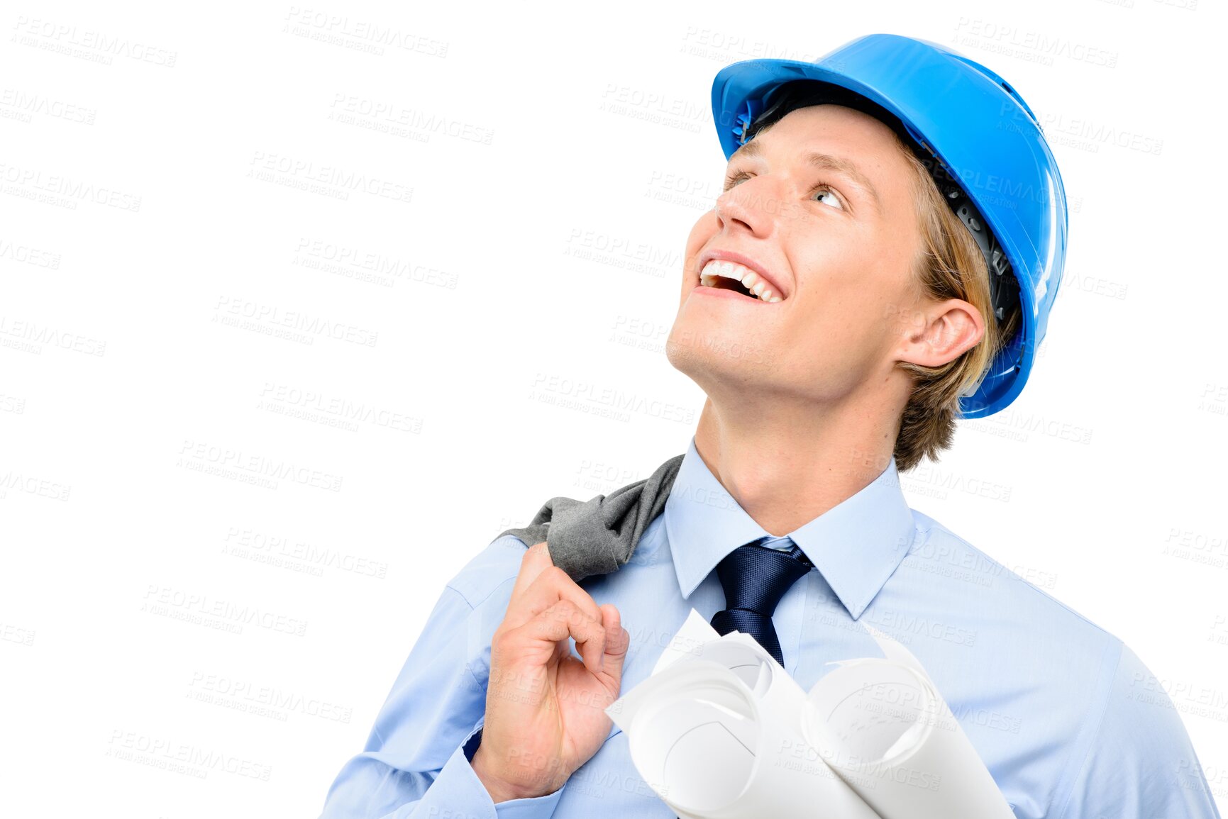 Buy stock photo Isolated architect man, thinking and smile with blueprint, paperwork or plan by transparent png background. Engineer, architecture expert and excited with inspiration, ideas and vision for property