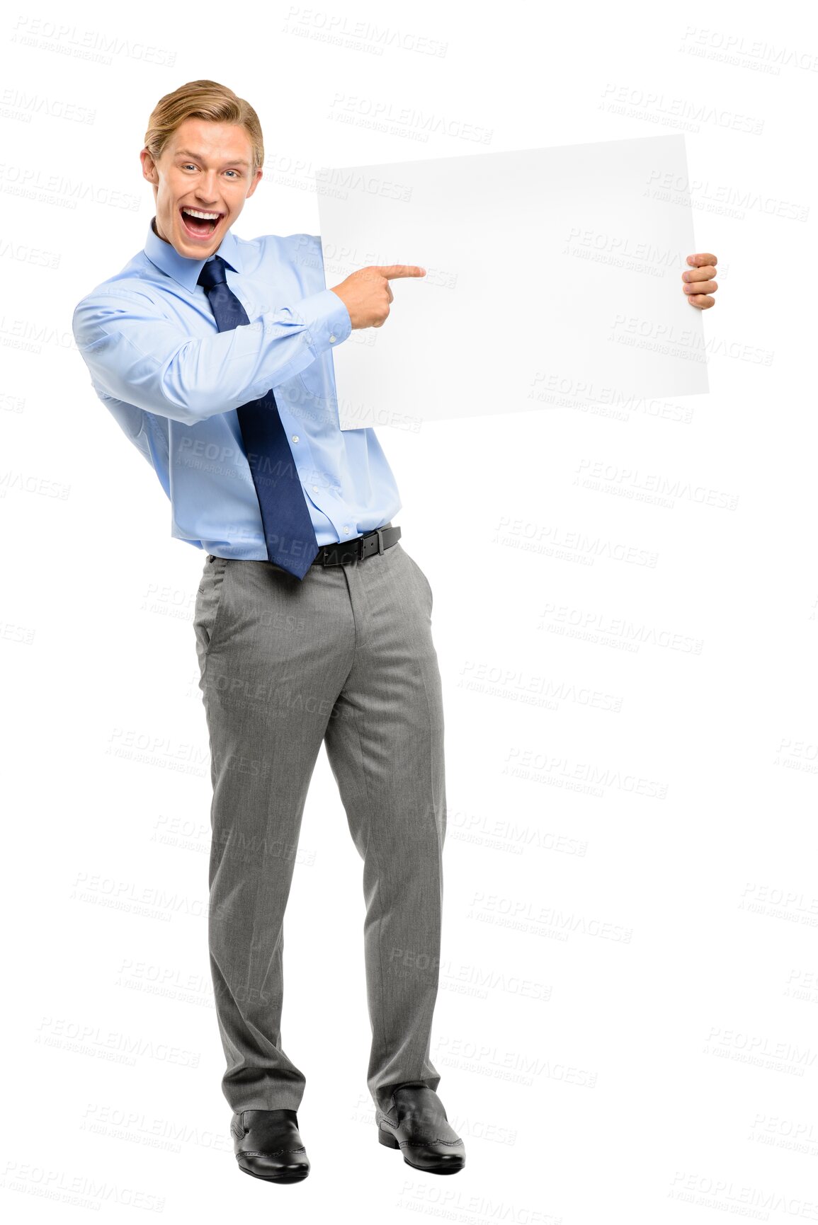 Buy stock photo Pointing, portrait and business man with poster isolated on a transparent png background. Billboard, funny and excited professional with marketing, advertising or branding for promotion commercial.
