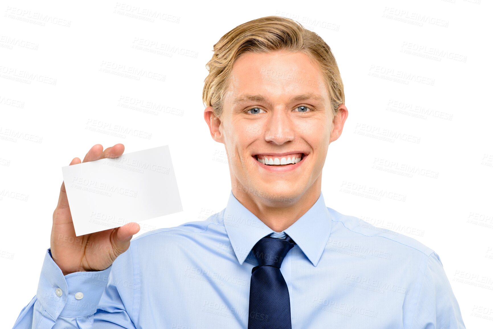 Buy stock photo Smile, portrait and business man with card isolated on a transparent png background. Face, holding paper and happy male professional with marketing, advertising or note for introduction to contact