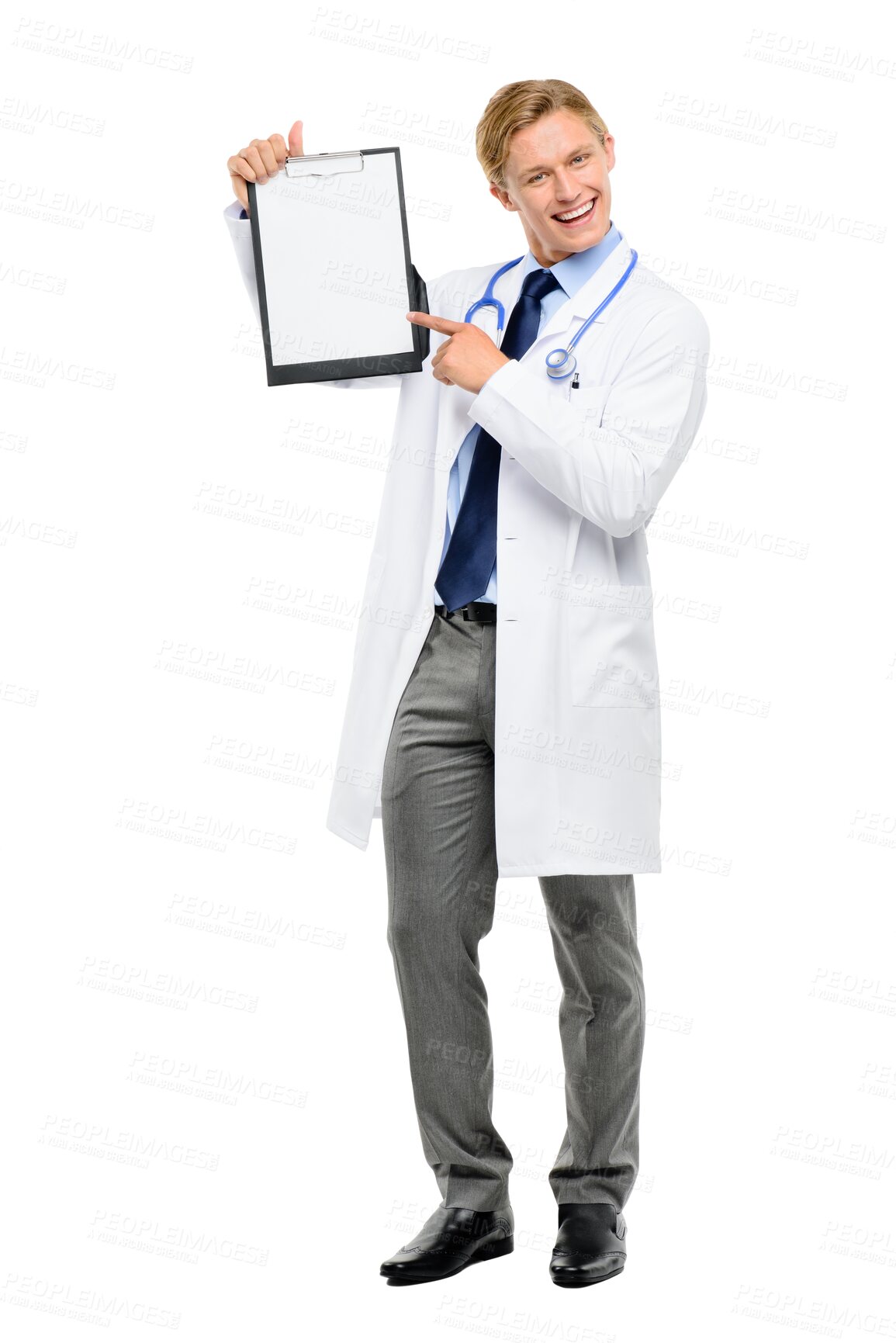 Buy stock photo Happy man, portrait and doctor pointing to clipboard for healthcare isolated on a transparent PNG background. Male medical professional showing health prescription, diagnosis or mockup paper results