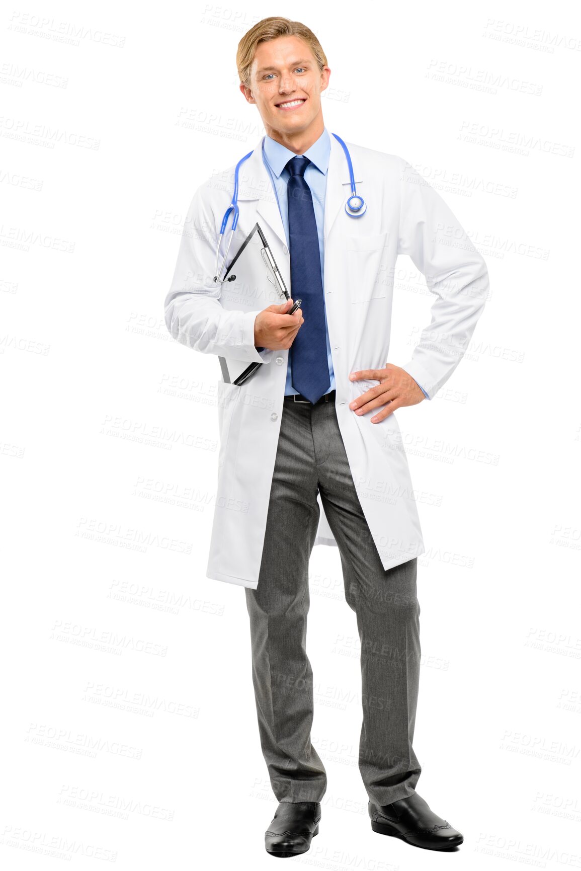 Buy stock photo Happy man, doctor and portrait for healthcare with clipboard isolated on a transparent PNG background. Male person or medical professional standing for life insurance, health advice or consultation