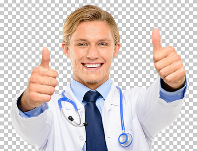 Buy stock photo Happy man, doctor and portrait smile with thumbs up for success isolated on a transparent PNG background. Male person or medical professional smiling with thumb emoji, yes sign or like for approval