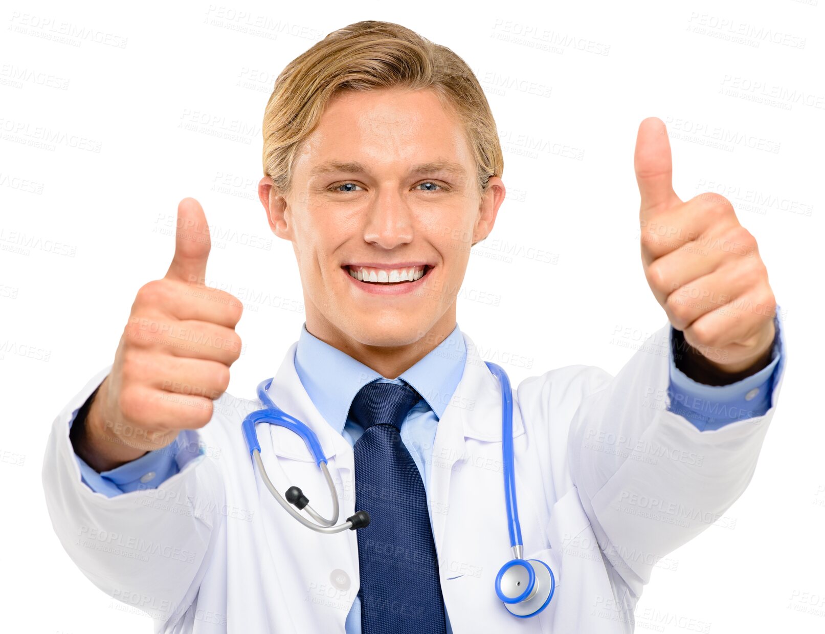 Buy stock photo Happy man, doctor and portrait smile with thumbs up for success isolated on a transparent PNG background. Male person or medical professional smiling with thumb emoji, yes sign or like for approval