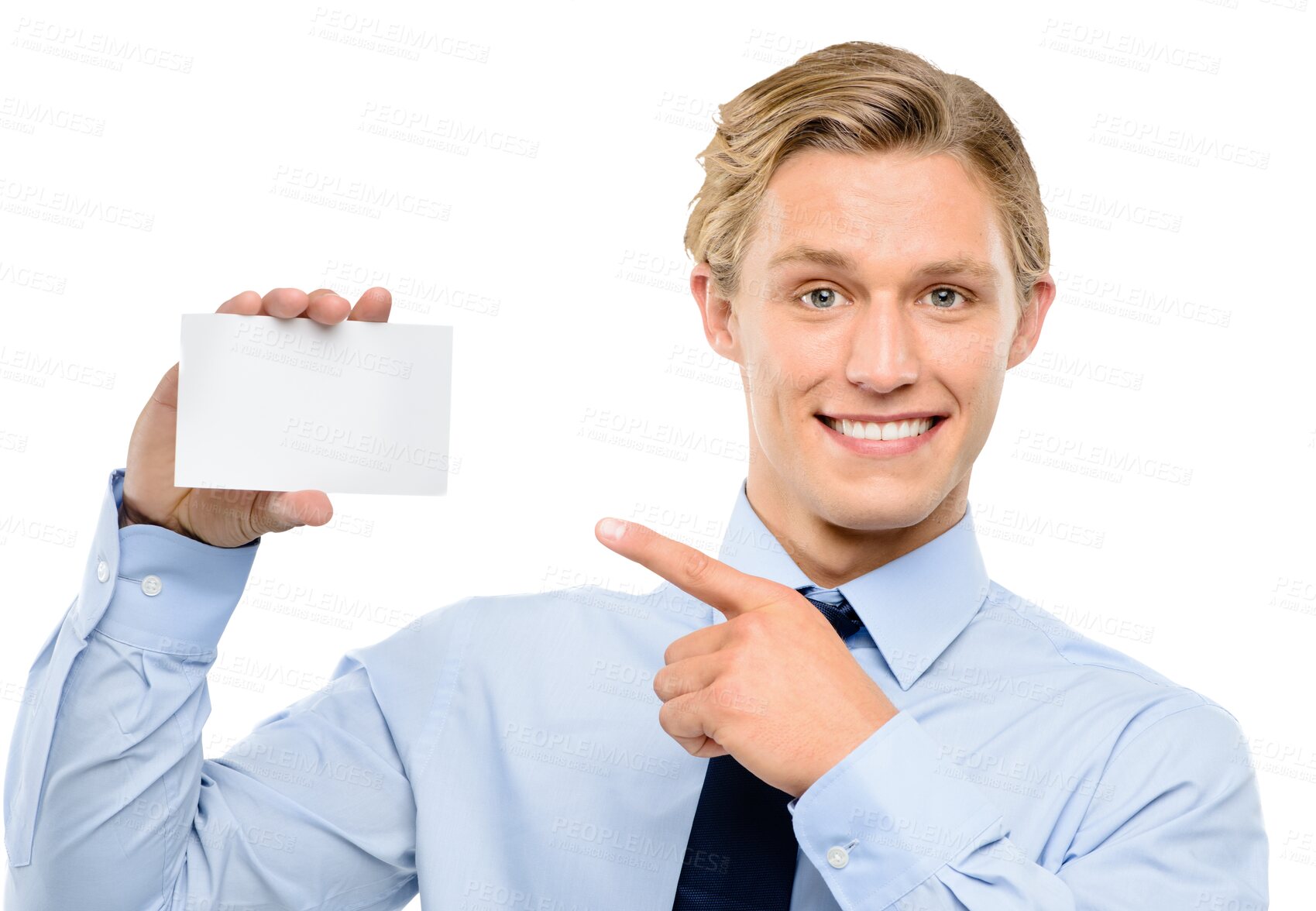 Buy stock photo Portrait, pointing and business man with card isolated on a transparent png background. Face, cardboard and happy professional with hand gesture for marketing, advertising or branding for promotion.