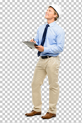 Buy stock photo Thinking, engineer and man with a clipboard, writing and inspector isolated against a transparent background. Male person, employee or contractor planning, ideas or schedule with png and architecture