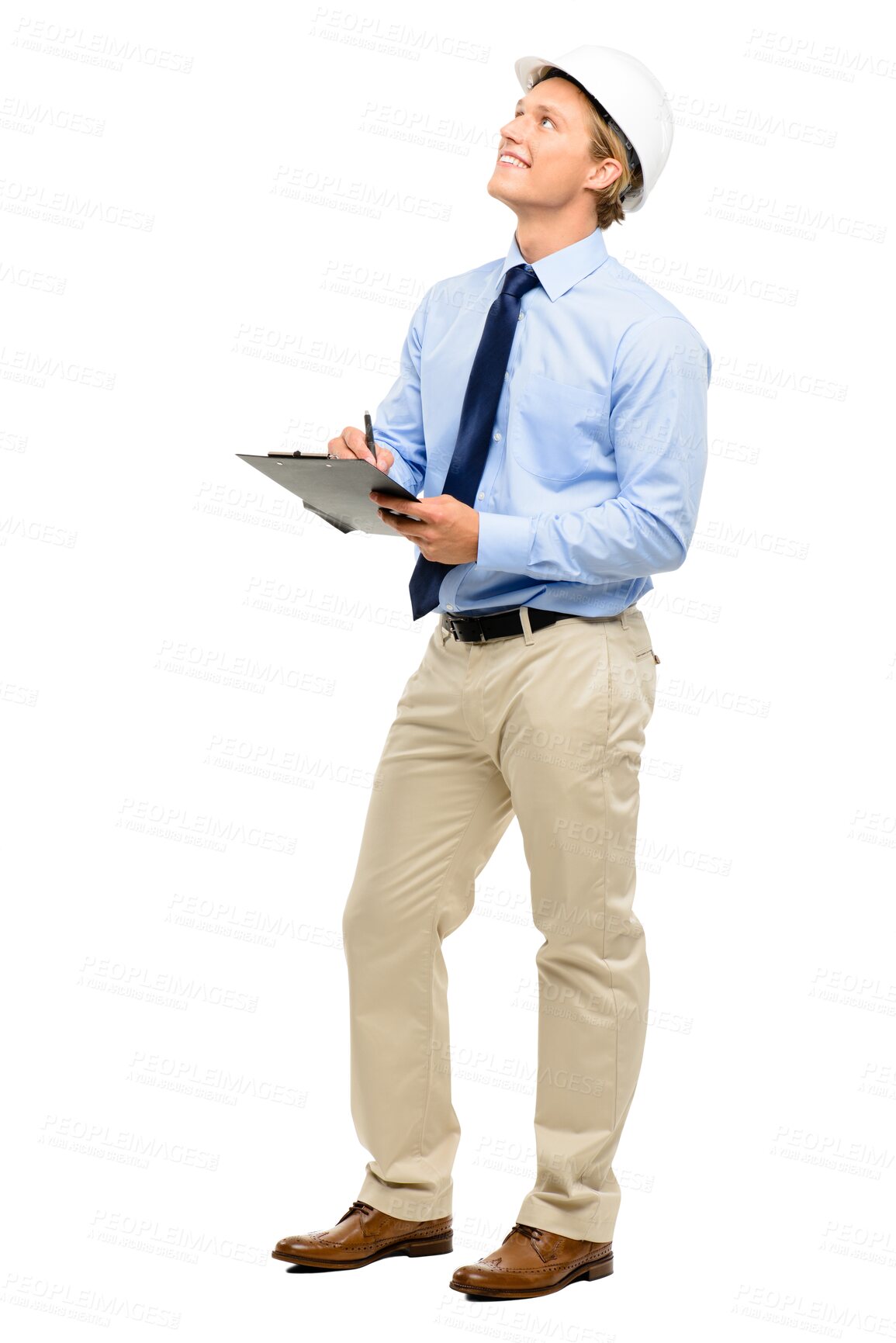 Buy stock photo Thinking, engineer and man with a clipboard, writing and inspector isolated against a transparent background. Male person, employee or contractor planning, ideas or schedule with png and architecture