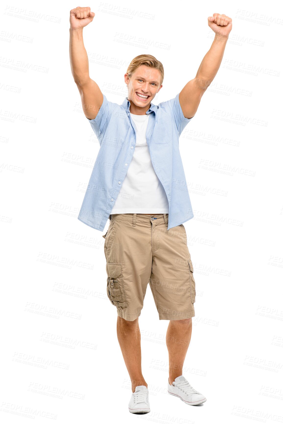 Buy stock photo Winning, celebration and portrait of young man in fashion sale, promotion or discount cheers, fist and yes. Celebrate, success and winner person in cool clothes isolated on transparent png background