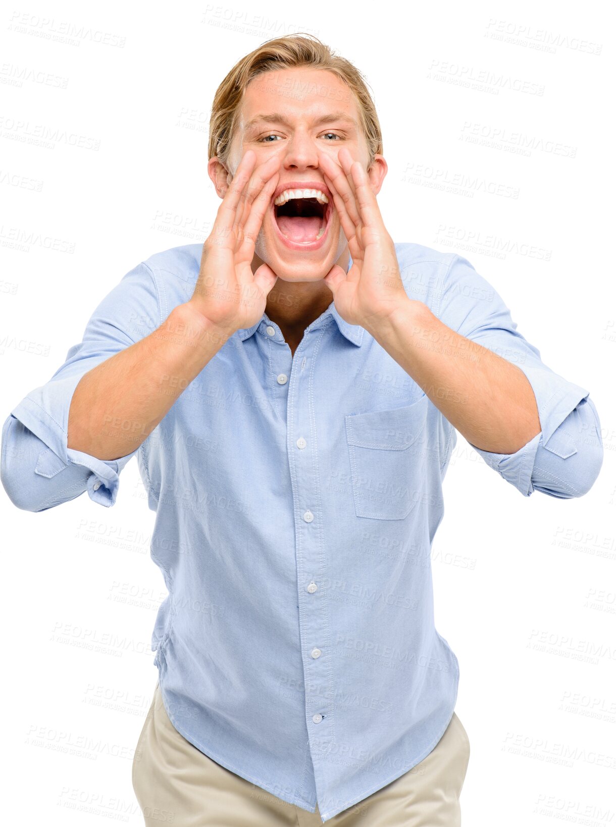 Buy stock photo Shout, business man and hands on mouth portrait for announcement or communication. Happy male person isolated on transparent, png background for attention, voice or opinion and broadcast or feedback