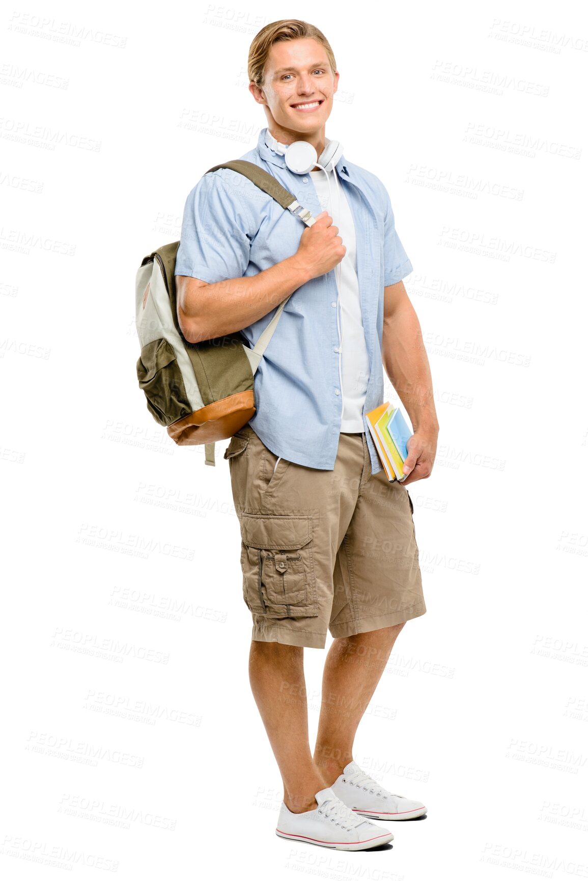 Buy stock photo Isolated man, backpack and portrait for education, books and smile by transparent png background. Young guy student, excited or ready for studying, future or mindset for learning, university and goal