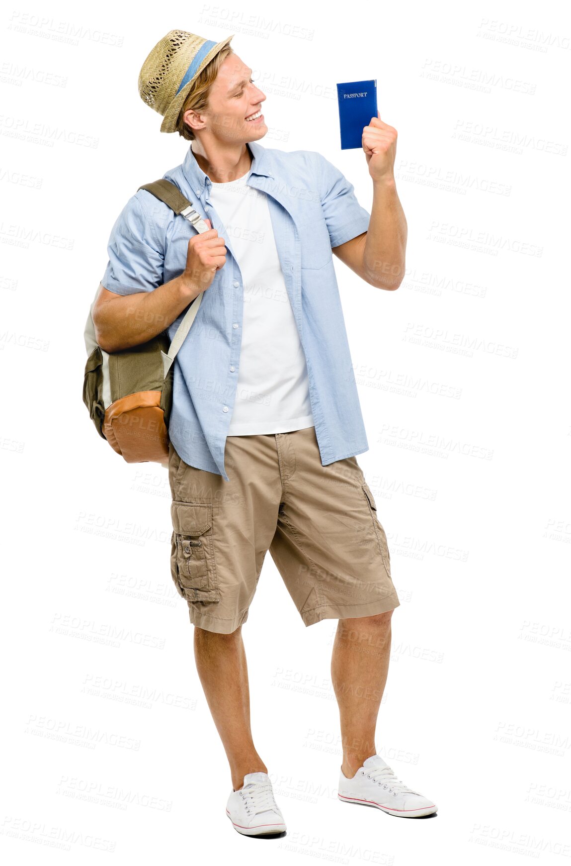Buy stock photo Isolated student man, backpack and passport with smile, travel and transparent png background. Young guy, excited and ideas with identity, immigration document and compliance for international study