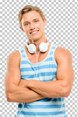Buy stock photo Portrait, student or teenager with headphones and arms crossed on transparent, isolated or png background. Confident, smile on face and excited person at college gym, university club or sports