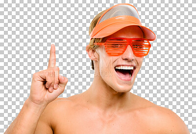 Buy stock photo Funny, sunglasses and portrait of man pointing up isolated on a transparent png background. Excited, face and person with hand gesture for advertising, marketing or branding for commercial promotion.