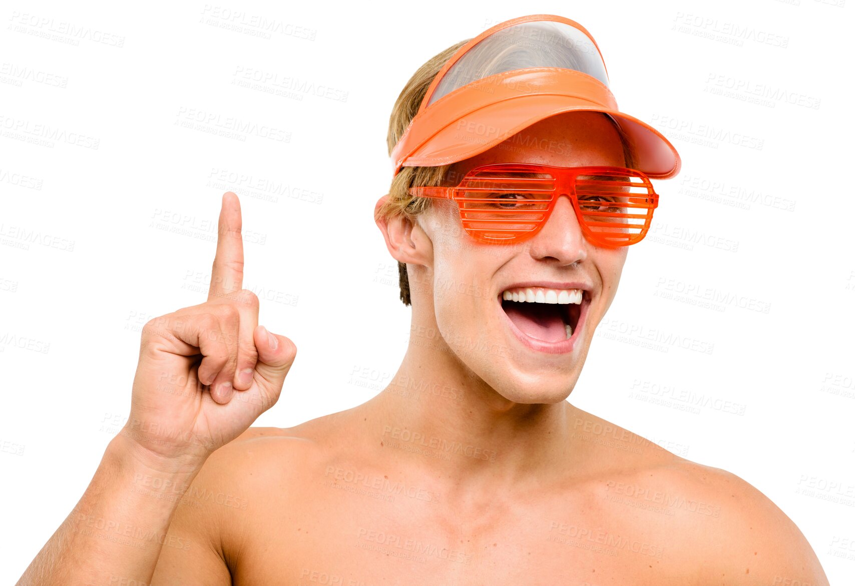 Buy stock photo Funny, sunglasses and portrait of man pointing up isolated on a transparent png background. Excited, face and person with hand gesture for advertising, marketing or branding for commercial promotion.